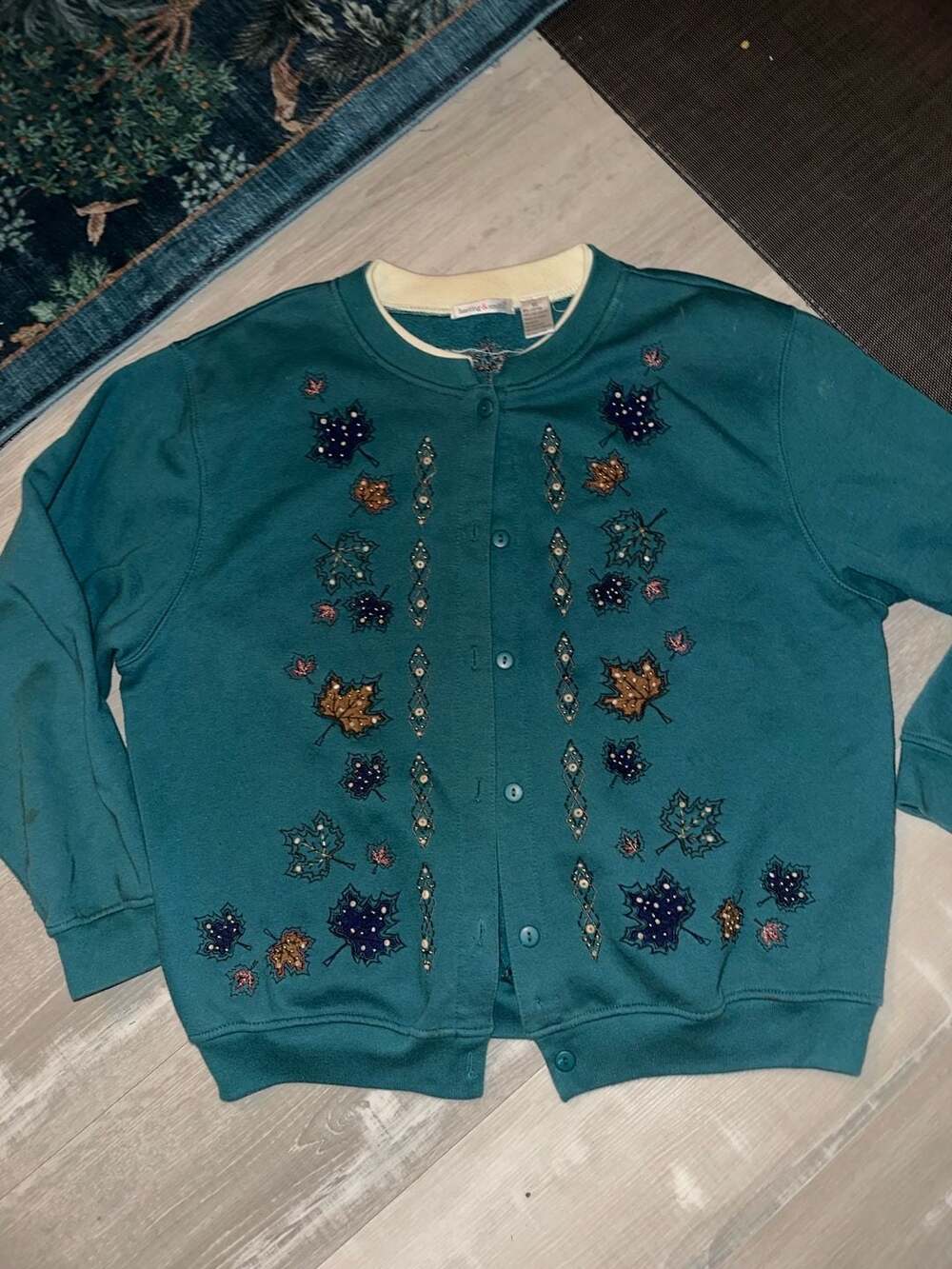 Hasting & Smith Embroidered Leaf Cardigan Size XL Teal